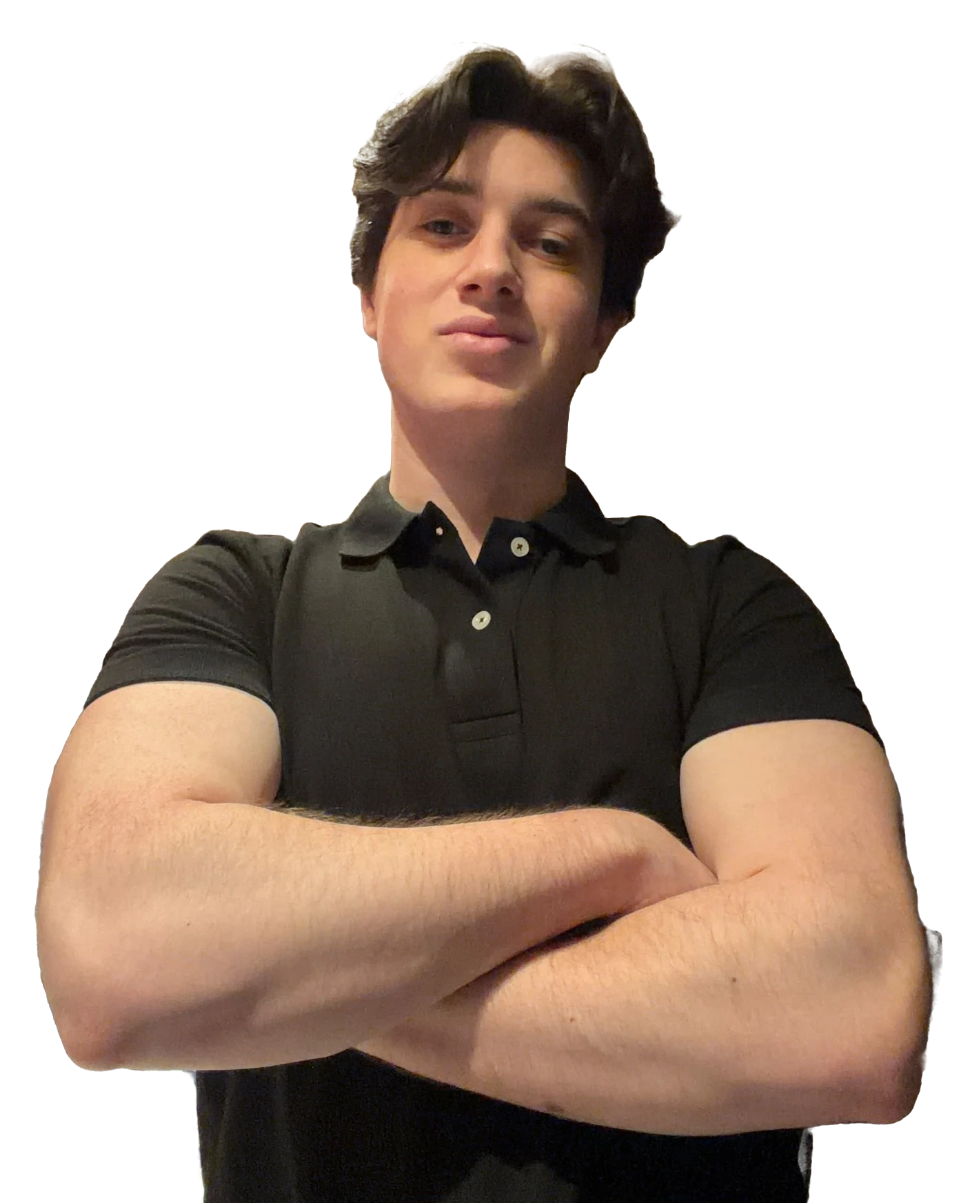 Black and white portrait of Furkan Akyüz, arms crossed, wearing a polo shirt